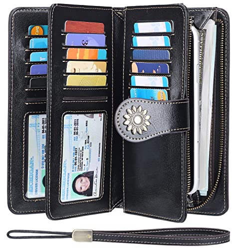 Lavemi Portefeuille en cuir véritable pour femme avec blocage RFID - Grande capacité, 1-Noir ciré, taille unique