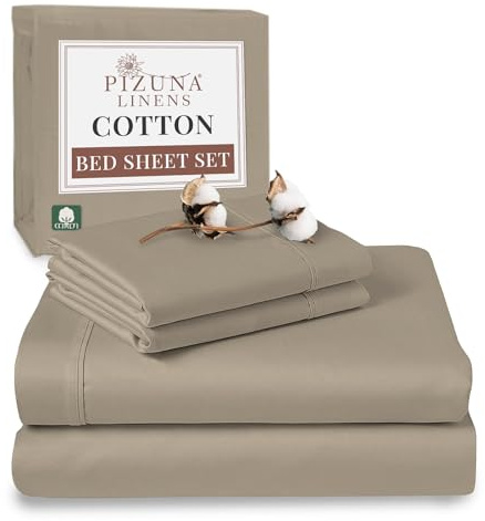 Pizuna 100% Cotton King Size Sheet Set Simply Taupe 400 Thread Count | 400 Thead Count Long Staple Cotton Bedding, 275x280 cm, Soft Sateen 4 Pc King Bed -fitted Flat Sheet & 2 Pillowcases