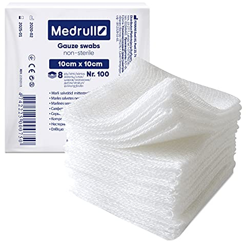 Medrull Gauze Swabs Pack of 100 - Compresses 10 cm x 10 cm Non-Sterile - 8-Ply Gauze Swabs - Wound Dressing