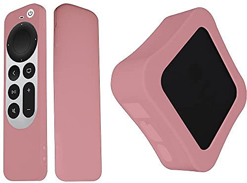 TV Box Silicone Cover Anti-Slip Shockproof Remote Control Protective Case Set for 2021 Apple TV 4K 6Th Generation (Pink)
