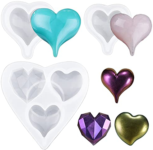 WANDIC Silikonform, 3 Stück, herzförmige Briefbeschwerer, Kunstharzform, Anhänger zur Schmuckherstellung, 3D-Herzform, Kunstharzform für DIY handgemachte Epoxidharzformen