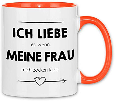 wowshirt Tasse ich liebe es wenn meine Frau mich zocken lässt Gamer, Farbe:White - Orange