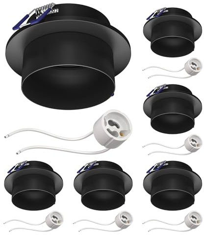 ledscom.de 6 Stück Deckeneinbaurahmen KRON, rund, schwarz matt (GU10/MR16/GU5,3/50mm) inkl. GU10 Fassung