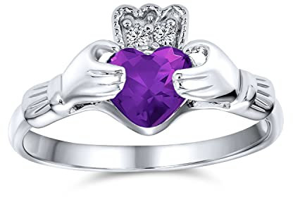 Anello dell'amicizia celtica irlandese BFF Promessa AAA CZ Simulato Ametista Viola Mani & Cuore Claddagh per donne adolescenti in argento sterling .925