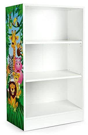Leomark Universal Weiß Bücherregal - Oslo - Holzregal für Kinderzimmer, Kommode, höhenverstellbare Einlegeböden, 60 x 33 x 115 (H) cm | Dschungeltiere