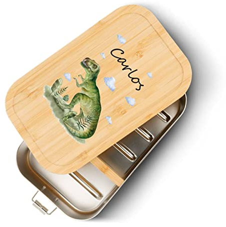GRAVURZEILE Brotdose aus Edelstahl mit bedrucktem Bambusholzdeckel - Lunchbox mit T-Rex Motiv - Personalisiert mit Name - Geschenk für Kinder zum Schulanfang - Größe: Groß