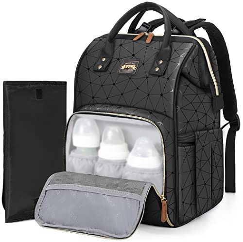 Lekespring Leder Wickelrucksack Wickeltasche Groß mit Wickelunterlage und Kinderwagengurten,Wasserdichter Diaper Bag Babytasche Kliniktasche Baby Diaper Bag, Schwarz-01