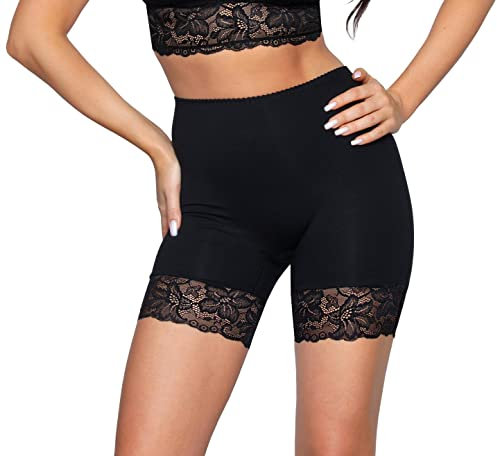 Alkato Damen Longpants mit Spitze Unterhose mit Bein Miederpants Rock Boxershorts, Farbe: Schwarz, Größe: XL