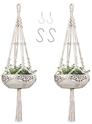 Indoor Macrame Plant Hangers Pot - 2 PCS 42 Inch Outdoor Cotton Rope Hanging Planter Holder Wall Flower Plants Basket Hanger Holders Pots for Garden Balcony Ceiling Patio Deck Boho Home Decor(White)