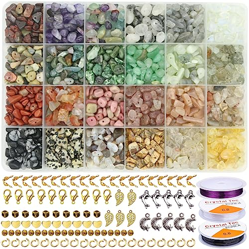 Potosala 24 Farben Naturedelstein Chip Perlen Unregelmäßig zerkleinerte Kristallstücke 5-7mm Steinperle Stück gebohrte Perlen für Balance Schmuck Schmuck Lebenbaum (style 2)