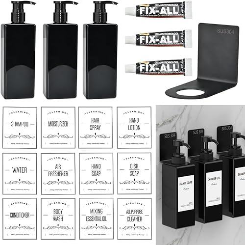 Seifenspender für Dusche, OTTYMO 3 Stück Seifenspender Wandbefestigung Set Kunststoff Seifenspender Wandbefestigung Seifenspender Dusche ohne Bohren Schwarz 500ml Seifenspender für Duschgel Lotion