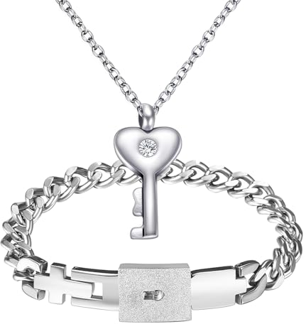 Flongo Pärchen Schloss Schlüssel Schmuckset: Silber Paare Armband Halskette Set Damen Kette mit Herz Anhänger und Herren Cuban Lock Armkette Edelstahl Geschenke für Partner Weihnachten Valentinstag