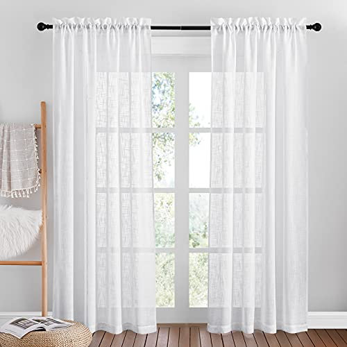 PONY DANCE Vorhang Leinenoptik Gardinen Wohnzimmer 2 Stücke H 200 x B 140 cm Voile Gardinen Weiss Halbtransparent Leinen Vorhänge mit Stangedurchzug für Schlafzimmer