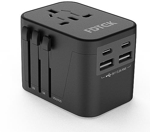 FDTEK Adaptador Enchufe Universal Adaptador de Viaje Internacional con 2 USB y 2 Tipo C, Adaptadores de Corriente para EU,UK,Americano,Chino,Australia,Irland, Japon para Más de 200+ Países, Negro