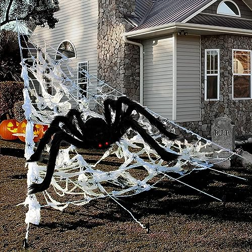 DTYDECLE Halloween Riesiges Spinnen, 1.5m Riesenspinne mit 5m Dreieckiges Riesen Spinnennetz Halloween Groß Spinngewebe für Halloween Party Dekoration