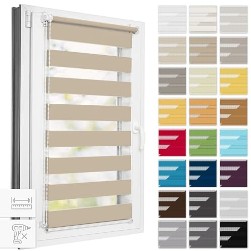 Estika Doppelrollo Klemmfix ohne Bohren, Breite alle 1 cm - 80 cm x 150 cm - Sandstrand - Tag und Nacht Duo Rollo, Rollos für Fenster ohne Bohren, Fenster Sichtschutz