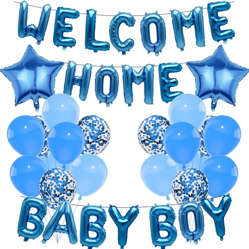Welcome Home Dekorationen, Welcome Home Ballon-Set enthält Buchstaben-Folienballons, Sternfolienballons, blaue Latexballons, Pailletten-Latexballons, Bänder, geeignet für