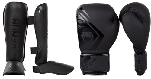 Venum Erwachsene Schienbeinshoner Challenger 2.0, Schwarz/Matt, XL, 2050-114 & Contender 2.0 Boxhandschuhe, Schwarz/Schwarz, 16 Oz