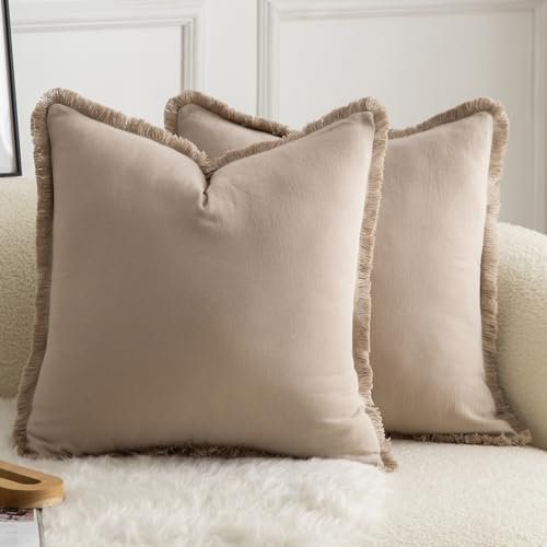 Mandioo 2er Set neutralen Baumwolle Quasten Kissenbezug 40x40cm Dekorative Kissenbezüge Dekokissen Boho Sofakissen Kissenhülle für Couch Sofa Schlafzimmer Wohnzimmer Heimdekoration TaupeName