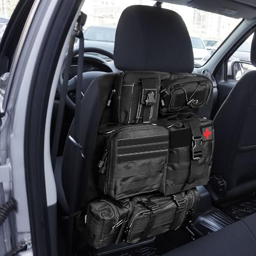 Gotrain Organizador táctico para respaldo de asiento de coche, protector de respaldo con 5 bolsillos desmontables, universal, tela Oxford 600D, organizador táctico para asiento delantero de coche,