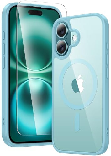 FNTCASE für iPhone 16 Klar Hülle: Magnetisch Militärischen Grad Fallschutz Anti Vergilbung Schlankes Hülle - Robuste Stoßfeste Schützende Transparente Handyhülle - 6,1 Zoll(Cyan17)
