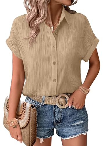 Zeagoo Bluse Kurzarm Damen Button Down Hemdbluse Elegant V Ausschnitt Hemd Leicht Blusen Sommer