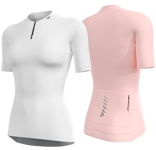 Wulibike Radtrikot Damen Halbe ReißVerschluss Fahrradtrikot Atmungsaktiv Rennrad Trikot Kurze äRmel Frauen Fahrrad Shirt 4 Tasche Radfahren Tops Upf50+ Weiß-Rosa M