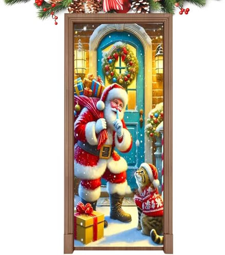 Cubierta de puerta navideña, cubierta de puerta navideña para puerta de entrada - Cubiertas decorativas para puertas con pancartas navideñas - Fundas de puertas navideñas, adornos navideños para