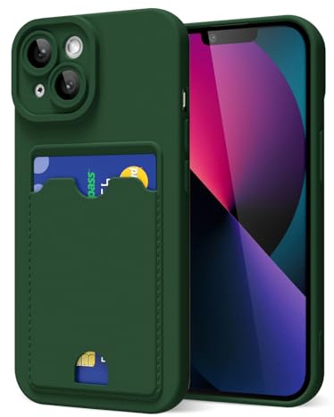 oakxco for iPhone 13 Mini Case with Card Holder, Cute Silicone Wallet Phone Case with Credit Card Slot, Soft Rubber Thin Slim Purse for Women Men with Shockproof Camera Cover Protection, Dark Green