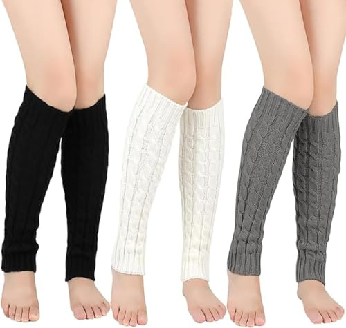 MOAZIFI 3 Paar Beinstulpen Damen Strick - Leg Warmers Damen 40cm Zopfmuster - Warme Stulpen Damen für Winter, Ballett & 80er Party - Weiche Häkel Beinwärmer Schwarz Weiß Grau