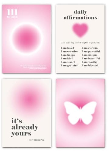 LAVEMA Aesthetic Bilder Aura Deko Poster 4er Set (30x42cm) ohne Rahmen | Rosa Teenager Pink Mädchen Decor Wandbilder Schlafzimmer Wohnzimmer Clean Ästhetik Affirmationen