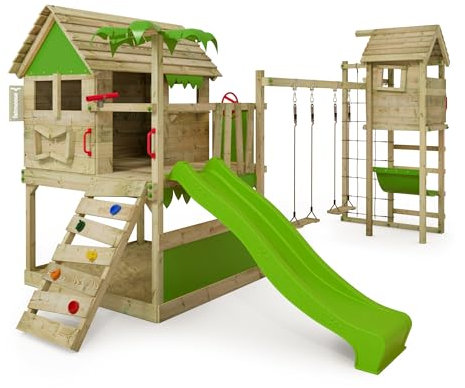 FATMOOSE Spielturm Klettergerüst TikaTaka Town XXL mit Turmanbau, Schaukel & apfelgrüner Rutsche, Outdoor Kinder Kletterturm mit Sandkasten Leiter & Spiel-Zubehör für den Garten