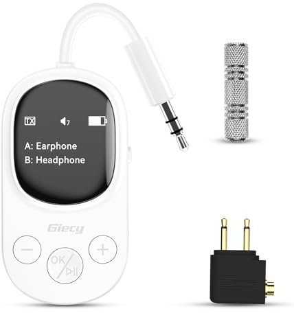 Giecy Airplane Bluetooth 5.3 Transmitter Receiver Adapter, Supports 2 AirPods or Headphones with aptX Low Latency, 3.5mm AUX Jack Wireless Audio Transmitter for Planes, Airline, Travel, TV