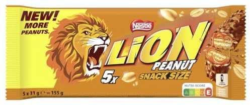 Nestlé LION Peanut, Schokoriegel überzogen mit Milchschokolade, leckerer Karamell-Füllung, Erdnüssen und knuspriger Waffel, Süßigkeiten Großpackung, 1er Pack (à 5 x 31g)