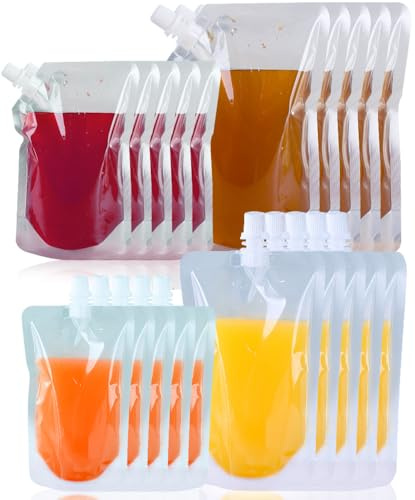 Guoxintech 20 Pack Clear Refillable Drink Pouches with Caps and Funnel（10pcs 250ml and 10pcs 500ml）- Leak Proof Alcohol Juice Liquid Beverage Bags, Plastic Hip Flask for Festivals, Travel, Party