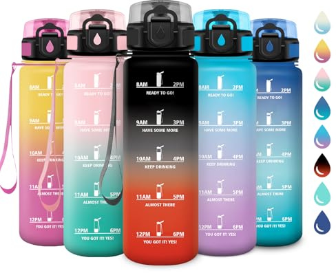 Gourde Motivation 1L, Gourde avec Filtre sans BPA, Bouteille d'eau de Motivation avec Marqueur de Temps, Étanche et Réutilisable, Bouteille Réutilisable pour l'école, Sport, Bureau, Yoga, Camping