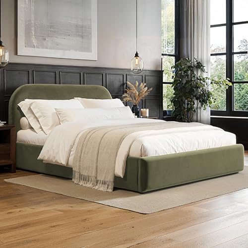 Flair Furnishings - Alba Ottoman Bed, King Size Bed Frame with Storage and Curved Headboard, Easy to Lift, Elegant and Refined (Khaki Green Velvet)