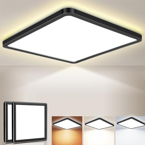 Fynokst LED Deckenleuchte 24W 6000K/4000K/3000K, 3200LM IP54 Ultra Dünn Deckenlampe, Flach Quadrat Modern Badezimmer Lampe Küchenlampe für Flur Schlafzimmer Balkon Wohnzimmer Ø30CM, Schwarz 2Stücke