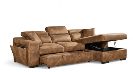 Tan Faux Leather Corner Sofa Bed with Storage, USB and Wireless Charging Dock ARTHUR BROWN - L Shaped Pull Out Sofa Bed 3 Seater for Family Living Room with Cushions, 220 x 140 cm Sleeping Area