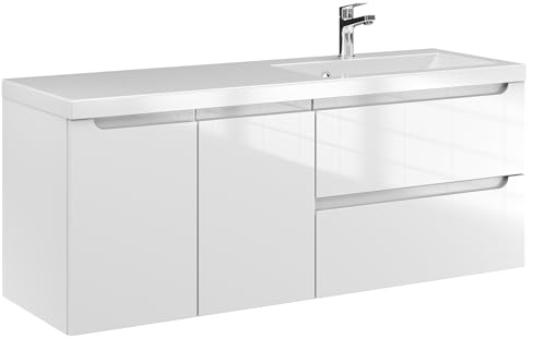 Furni Waschtischunterschrank ETH 120 cm DS P – Weiß Hochglanz – Hängender Badschrank mit Mineralguss-Waschbecken – Frezgriffe – Vormontiert