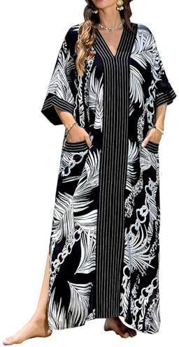 Orshoy Womens Free Size Kaftan Long Sleeve Beach Bikini Coverups Maxi Long Dresses Kimono Tunic Swimwear Robes Black White Chain