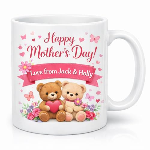 Vacso Trading Personalised Happy Mother’s Day Mug – Custom Kids Names Teddy Bear Coffee Cup | Cute Mother’s Day Gift for Mum | Personalised Floral Bear Tea Mug | Gift from Children
