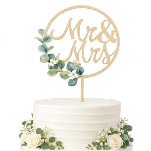 Tourima Cake Topper Hochzeit Holz Mr & Mrs, 14 x 22 cm Tortenstecker für Hochzeitstorte, Tortendeko mit Eukalyptus-Blumen, Mr & Mrs Deko Hochzeit, Hochzeitsdeko für Trauung, Empfang und Festtafel