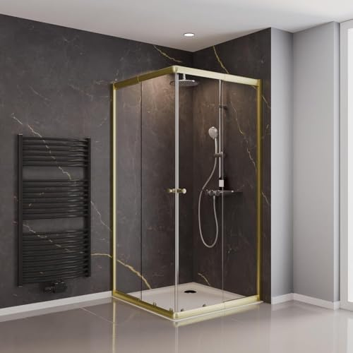 Schulte Duschkabine inkl Montage variabel 75-90 cm, z. B. 90x90 cm, 80x80 cm, Eckeinstieg 180 cm mit Schiebetüren, 4 mm Sicherheitsglas (ESG) Klar hell, Gold, EP19442-286-50