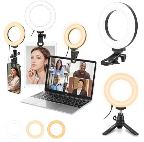 5 LED Small Ring Light with Clip & Tripod, PULUZ Ring Light Laptop Dimmable 3 Light Colours + Brightness 10-Level Video Light for iPhone iPad Laptop Camera