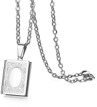 Oidea Retro Locket Necklace for Men Women: Silver Tone Stainless Steel Memory Book Photo Locket Pendant Necklace Flower Pattern Memorial Lockets Jewelry Gift