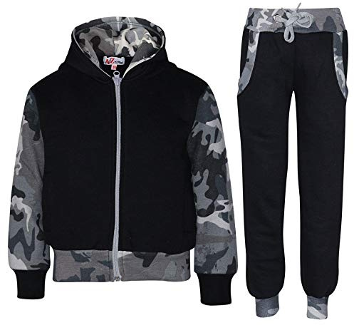 A2Z 4 Kids Trainingsanzug Mädchen Jungen Unisex Plain & Camouflage Aufdruck Kontrast Vlies Mit Kapuze Top Bottom Jogging Anzug Joggers Alter 2 3 4 5 6 7 8 9 10 11 12 13 Jahre