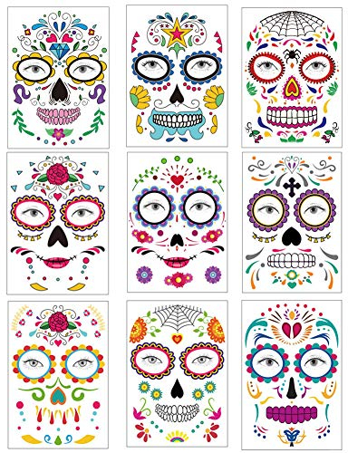 Temporäre Tätowierungen für Halloween-Gesicht (9er Pack), Tag des toten Zuckerschädels Blumen Schwarzes Skelett Web Rote Rosen Transfers Gesicht Tattoo für Frauen Männer Erwachsene Kinder