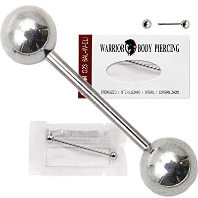 WARRIOR Piercing alla Lingua Sterile Barre Barbell Bilaciere in Titanio G23 Misura 14G(1.6mm) con Due Sfere Confezione Singolo Pezzo PTL-001