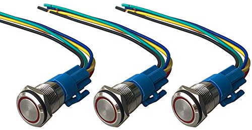 QitinDasen 3Pcs Premium 12V / 24V 5A Momentan Druckschalter, 16mm Auto Zündungs Startschalter, Rot LED Licht Edelstahl IP67 Wasserdichter Schalter mit Steckdosendraht